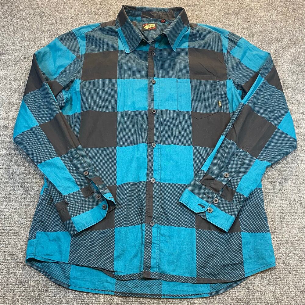 Vans Mens Large Black Blue Button Down Long Sleeve Shirt Checkered 100% Cotton